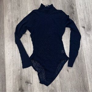 Navy Blue Sheer Lace Turtleneck Mock Neck Long Sleeve Bodysuit Top